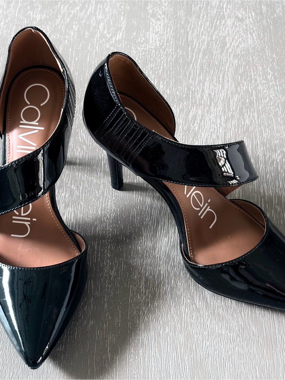 Calvin Klein Black Patent Strap Pointed-Toe Heels